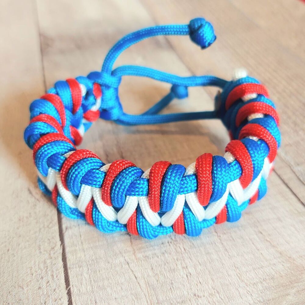 Handmade Paracord Bracelet Adjustable Red White Blue Unisex